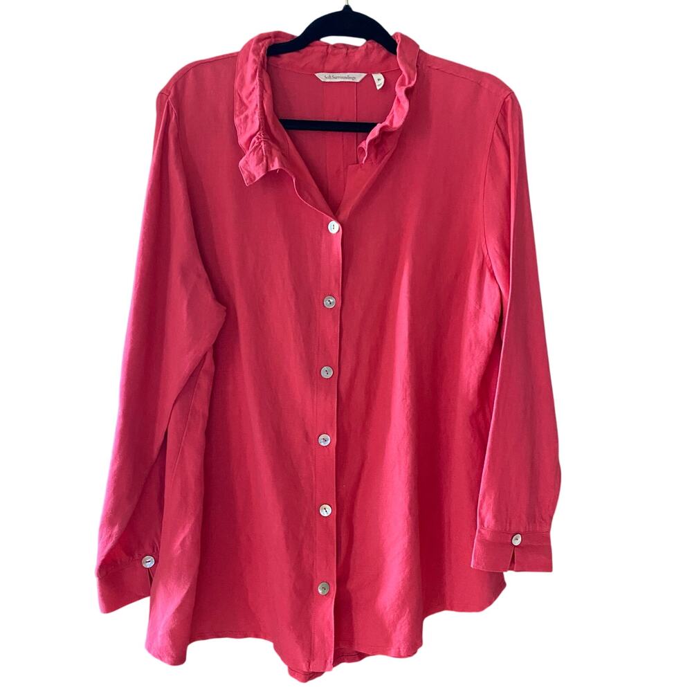 Soft Surroundings Linen Blouse Women XL Pink Coral Button Front Ruffle Collar